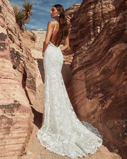 Lp2424 backless high neck wedding dress with lace and sheath silhouette1